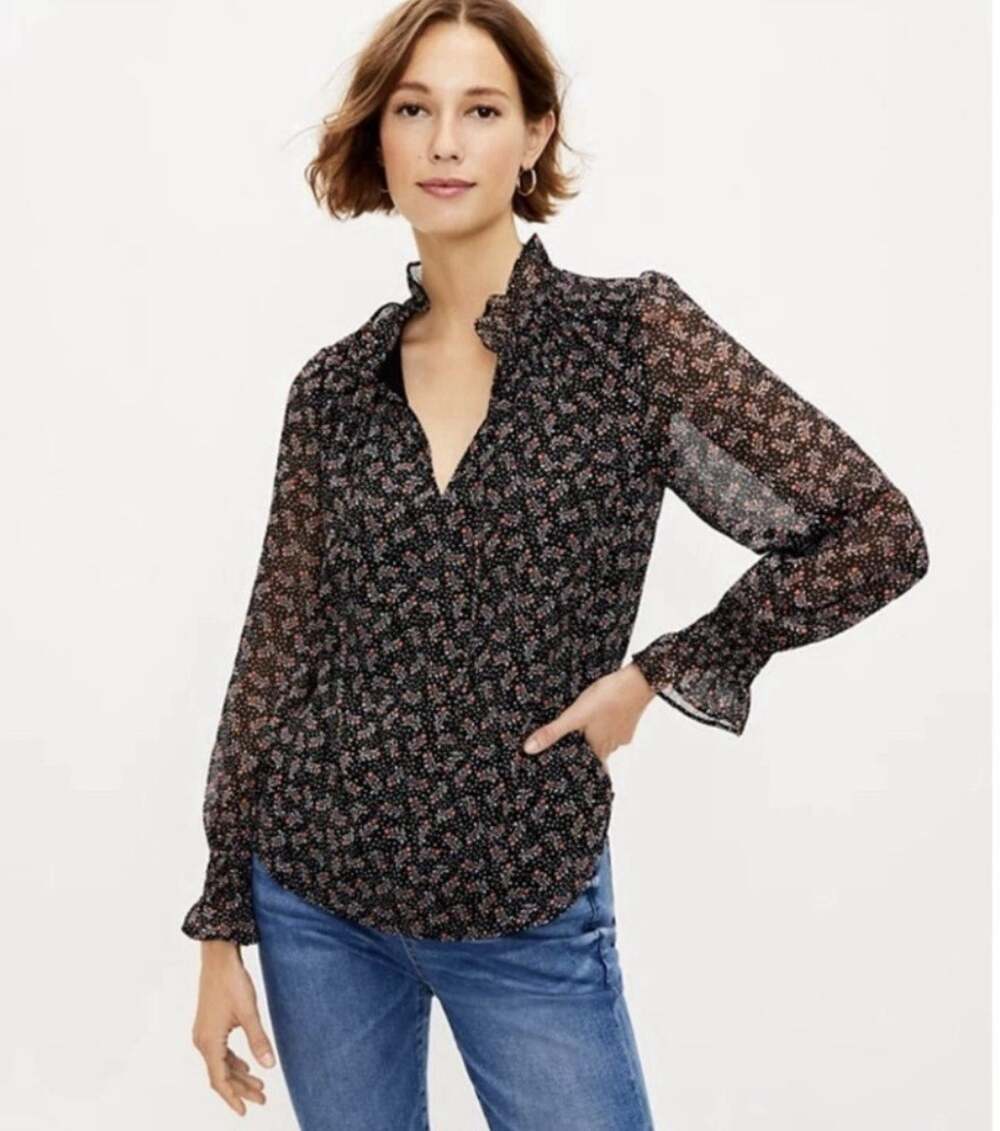 LOFT Black Long Sleeve Floral Top Medium